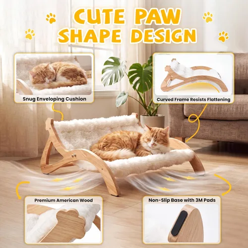 Vista 5 de Cama elevada para gatos de interior, bonita hamaca para gatos en forma de pata, con cómodo cojín lavable, muebles de madera maciza para mascotas