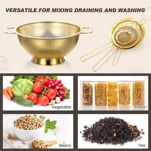Vista 7 de Norme Colador dorado de acero inoxidable de 3 cuartos de malla fina, colador de metal para pasta, arroz y alimentos con asas, fácil de limpiar
