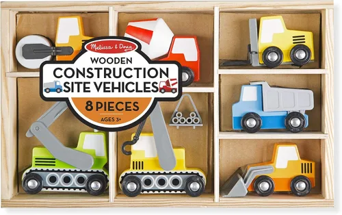 Vista 8 de Melissa & Doug – de madera de construcción sitio Vehículos con bandeja de almacenamiento de madera (8 Pcs)
