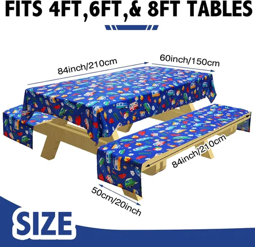 Vista 3 de Tudomro Mantel de camping con fundas de banco de picnic, se adapta a mesas de picnic de 4 a 7 pies, mantel de poliéster lavable y reutilizable