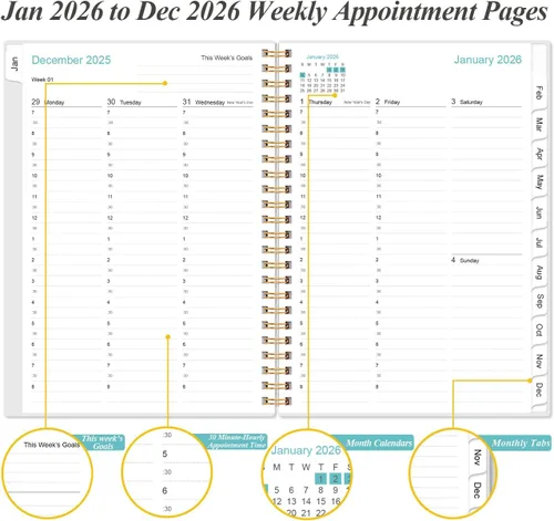 Vista 3 de Agenda 2026 - Planificador diario y por hora 2026 desde enero 2026 hasta diciembre 2026, 12 pestañas mensuales, bolsillo interior, 16.3 x 21.6 cm