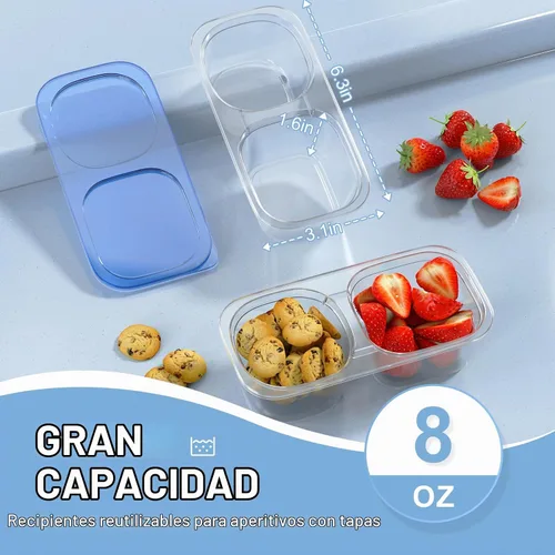 Vista 5 de Paquete de 10 recipientes reutilizables para aperitivos con tapas, 2 compartimentos, caja pequeña de aperitivos Bento, sin BPA, accesorios