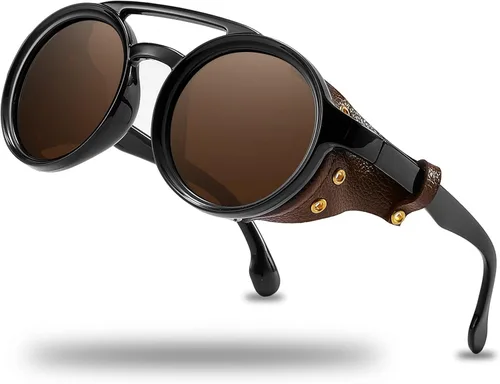 Vista 12 de Technigadgets Finnegan Steampunk - Lentes de sol retro para hombre y mujer, con escudo lateral de cuero, doble puente de plástico, marco de Negro