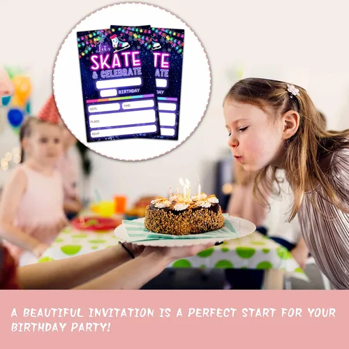 Vista 4 de Invitaciones de cumpleaños con sobres (paquete de 20), 4 x 6 pulgadas, estilo de patinaje sobre ruedas de neón, invitaciones para fiesta