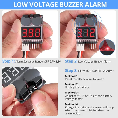 Vista 4 de CAMWAY Probador de voltaje de batería Lipo, 5 unidades, 2 en 1, 1-8s, alarma de zumbador de bajo voltaje, probador de monitor de batería para 1-8s