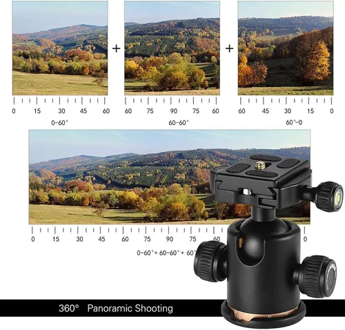 Vista 2 de Andoer cabezal de trípode, con rotación de 360 grados. Trípode para cámara con placa de liberación rápida y cabeza de bola, carga máxima de 8 kg