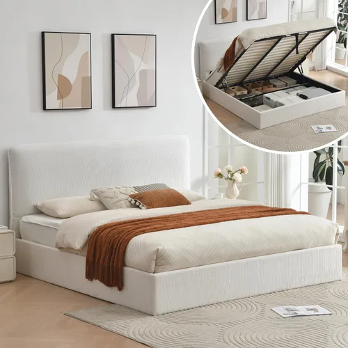 Vista 10 de Marco de cama de almacenamiento Queen con cabecero curvado, color crema Linen Upholstered Bed Frame, Hydraulic & Sturdy Wooden Slat Support, No