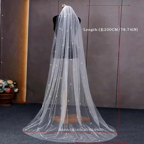 Vista 6 de Mopmap 1 nivel nupcial velo de novia perla capilla longitud tul accesorios para el cabello con peine