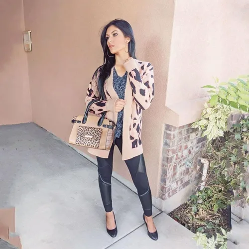 Vista 9 de ZESICA Suéter de punto de manga larga con estampado de leopardo para mujer suéter tipo cardigan para exteriores