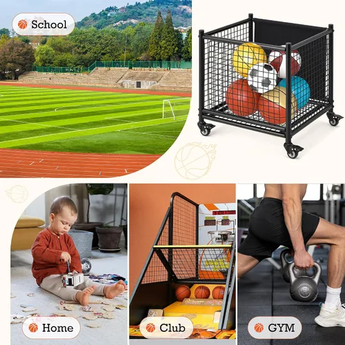 Vista 4 de AECOJOY Almacenamiento de carrito de bolas, cubo de baloncesto con ruedas para garaje, escuela, gimnasio, equipo deportivo y organizador
