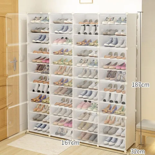 Vista 2 de Zapatero portátil de 12 niveles, organizador de 96 pares de zapatos con puerta transparente, fácil montaje, caja de zapatos apilable de plástico