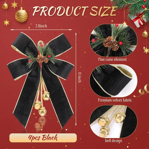 Vista 3 de Yinkin Corona de Árbol de Navidad Lazo Lazos de Cinta de Navidad con Campanas 11 x 7.8 pulgadas Terciopelo Cono de Pino Lazo Adornos Colgantes