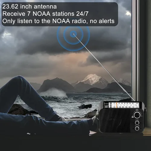 Vista 2 de Retekess TR604W AM FM NOAA Radio, Radios meteorológicas de emergencia portátiles con la mejor recepción, alimentadas por AC o batería D, con esfera