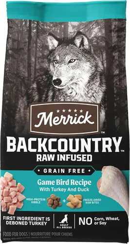 Vista 4 de Merrick Backcountry - Alimento seco para perros adultos sin granos, croquetas con piezas crudas liofilizadas, receta de aves de caza, bolsa de 4.0
