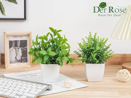 Vista 5 de Der Rose Paquete de 2 plantas falsas y 2 paquetes de plantas falsas, pequeñas plantas artificiales en maceta para habitación, hogar, oficina, casa