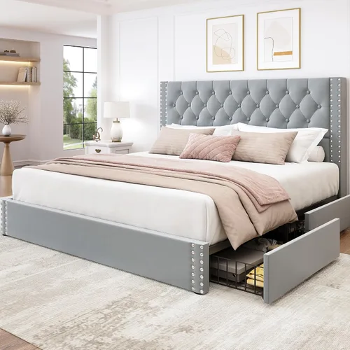 Vista 13 de LARMACE Base de cama tamaño matrimonial con 4 cajones de almacenamiento y cabecera copetada, base de cama tapizada en lino con listones de madera