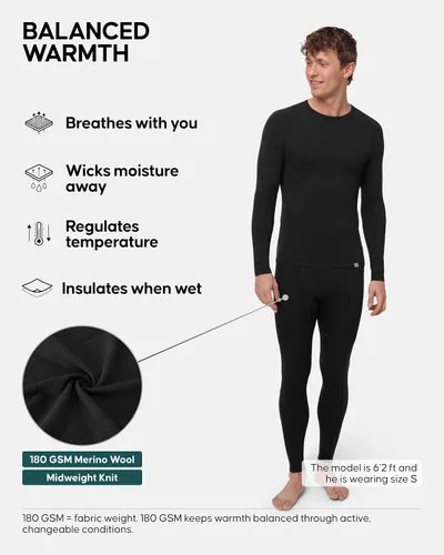 Vista 2 de DANISH ENDURANCE Conjunto de capa base de lana merino para hombres, conjunto superior e inferior, ropa interior térmica para hombres, calzoncillos