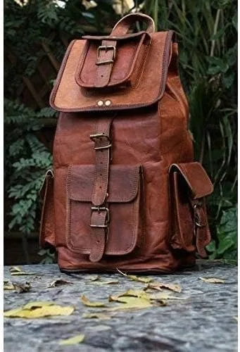 Vista 2 de HLC - Mochila retro de cuero genuino de 20 pulgadas, mochila de viaje para universidad