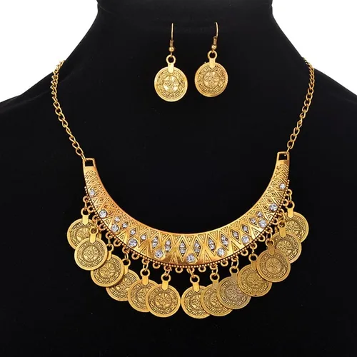 Vista 4 de Juego de 3 piezas de joyería bohemia con dije de disco vintage, estilo étnico gitano, aretes colgantes para mujer