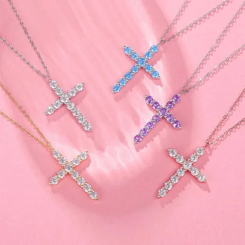 Vista 7 de Dowos 925 Sterling Silver Cross Necklace for Women, 18K Gold Plated AAAAA Cubic Zirconia Simulated Diamond Cross Pendant for Women Girls, 18''+2
