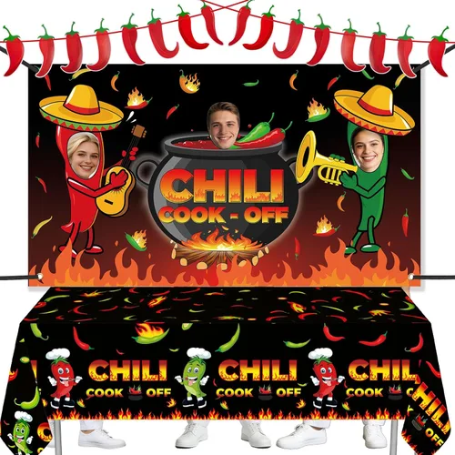 Vista 9 de Cartel de Chili Cook Off, pancarta de tela para concurso de 41 x 24 pulgadas, suministros para fiestas mexicanas (41.3 x 23.6 in)