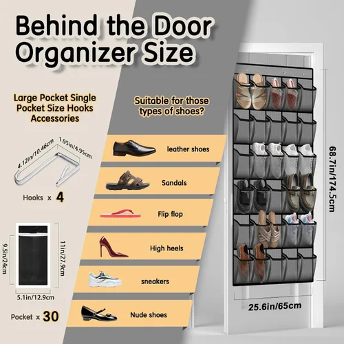 Vista 3 de Kotkn Organizador de zapatos sobre la puerta con 30 bolsillos de malla transpirable, almacenamiento de armario de gran capacidad para hombres y Gris