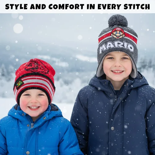 Vista 7 de Nintendo Super Mario Bros. Gorro de invierno para niños, paquete de 2 gorros Super Mario Pom Pom (4-7), talla 4-7, edad 4-7