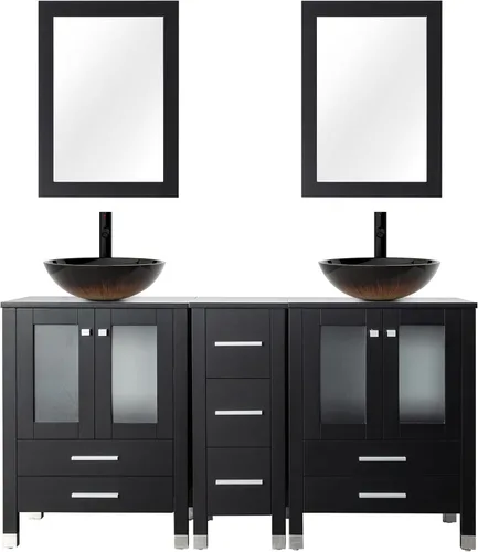 Vista 7 de LUCKWIND 60" Double 24" Bathroom Vanity with Sink Combo, Elegant Series with One 12.6-in Side Cabinet, Painted Frame, Including Tempered Glass Round