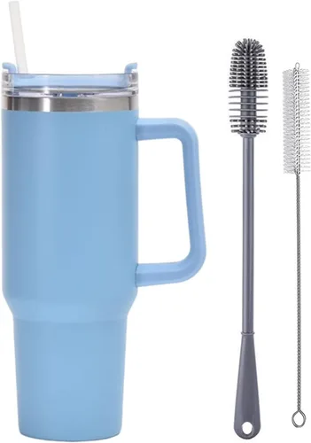 Vista 13 de Botella de agua aislada de acero inoxidable de 40 onzas con tapa con pajilla, vaso aislado al vacío de acero inoxidable con asa, vasos aislados Negro