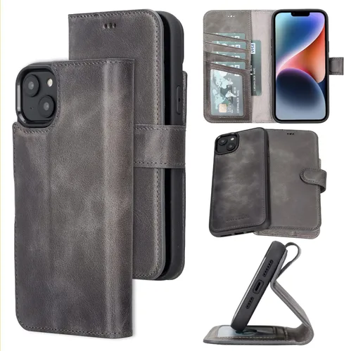 Vista 18 de Bayelon Funda para iPhone 14, funda de cuero de grano completo, [2 en 1], funda magnética desmontable con ranuras para tarjetas, soporte y función
