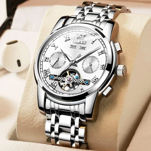 Vista 2 de OLEVS Relojes automáticos de cuerda automática para hombre, fecha y día, calendario, relojes de acero inoxidable, movimiento esquelético