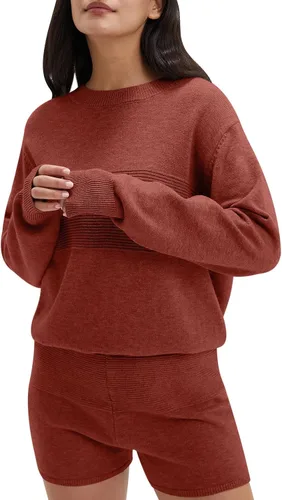Vista 2 de DEEP SELF Conjunto de 2 piezas para mujer, suéter casual de manga larga, sin botones y pantalones cortos, conjunto de ropa de descanso