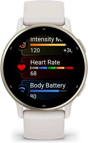 Vista 2 de Garmin vívoactive 5, reloj inteligente GPS de salud y fitness, pantalla AMOLED, hasta 11 días de batería, color marfil