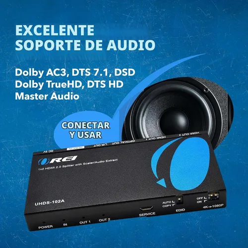 Vista 8 de OREI Divisor HDMI 1x2 2.0 con extractor de audio escalador, 2 puertos con Full Ultra HDCP 2.4K a 60Hz y 3D compatible con control EDID - UHDS-102A
