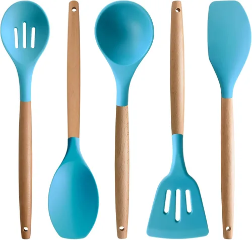 Vista 17 de Juego de 4 utensilios de cocina de silicona, juego de utensilios de cocina grandes antiadherentes con mango de madera, grado alimenticio, resistente