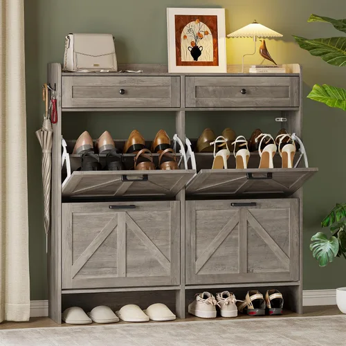 Vista 22 de BORNOON Gabinete de Almacenamiento de Zapatos para Entrada, Gabinete Estrecho de Zapatos Estilo Granja con 2 Cajones Abatibles y Cajones Superiores