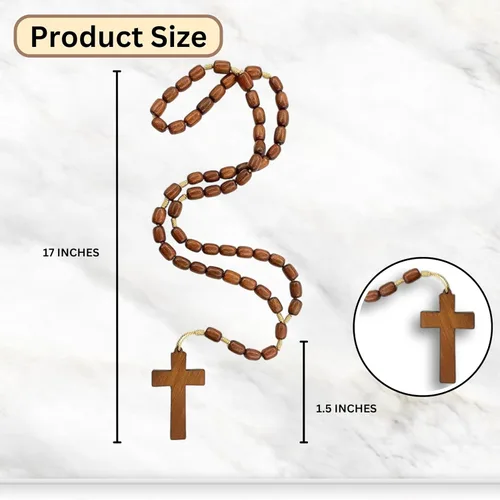 Vista 3 de Catholica Shop - Collar de Cuentas de Madera de Vestimenta Religiosa Católica con Colgante de Cruz de Madera, Collar de Rosario Católico I Collar