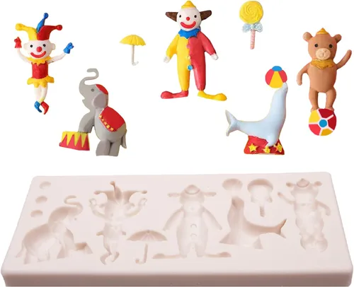 Vista 7 de Moldes de silicona para fondant de circo, 2 unidades, moldes de chocolate de elefante payaso, molde de cocina para hornear para decoración