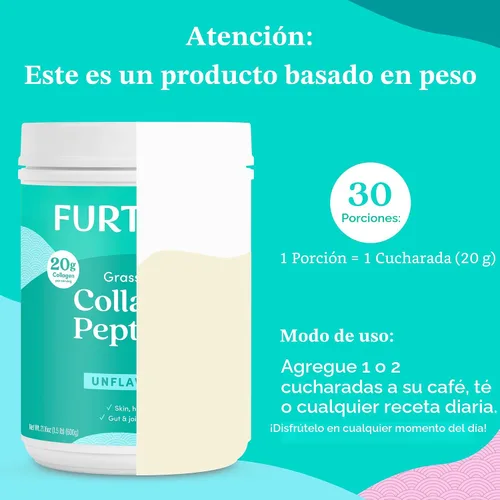 Vista 7 de Further Food - Polvo de péptidos de colágeno insípido - 100% alimentado con pasto, tipo 1 y 3 hidrolizado, 20g de colágeno por porción, apoya