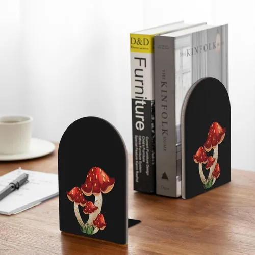 Vista 4 de Sujetalibros decorativos con forma de hongo negro para estantes, organizador de libros pesados, organizador antideslizante para libros