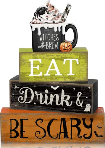 Vista 106 de Lineshading 4 piezas de decoración de mesa de Halloween espeluznante café apilado, decoración de bloques apilados de madera, letreros con tapa