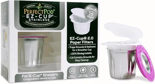 Vista 2 de EZ-Cup - Cápsula de café reutilizable de acero inoxidable para Keurig + 25 filtros de papel desechables, cápsula recargable compatible con Keurig