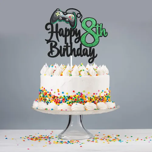Vista 6 de Decoración de pastel de feliz cumpleaños 8 para videojuegos, suministros para tartas de fiesta de cumpleaños de 8 años, juego en nivel, decoración