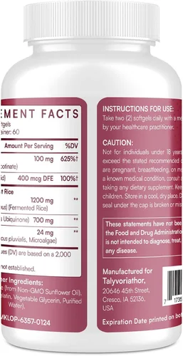 Vista 3 de Talyvoriathor Arroz liposomal de levadura roja 1200 mg con CoQ10 y astaxantina - Levadura de arroz para colesterol - Alta absorción - Sin citrinina