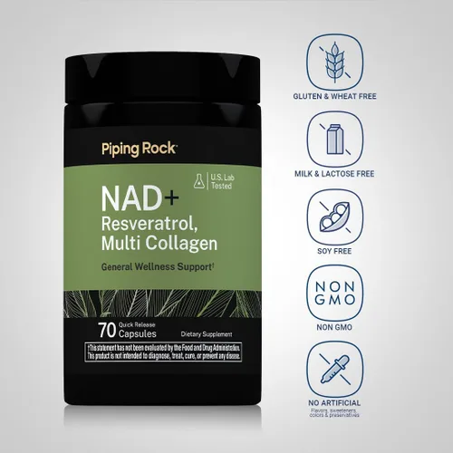 Vista 3 de Piping Rock Suplemento NAD Resveratrol Plus Colágeno 70 Cápsulas