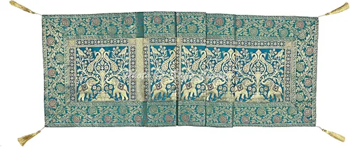 Vista 4 de Brocade - Camino de mesa de café jacquard verde oscuro, rectangular, bohemio, tradicional, decoración de sala de estar, elefante pavo real, mantel