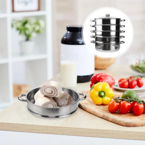 Vista 9 de Hemoton Olla de vapor de acero inoxidable de 14.7 pulgadas, olla multifuncional de 5 niveles para cocinar albóndigas, verduras, sopa, práctica