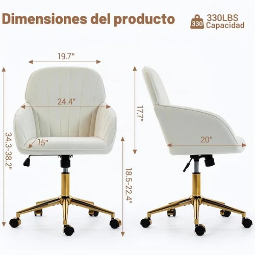Vista 2 de Silla de tocador de terciopelo con ruedas y base dorada, 330 libras Beige