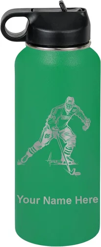 Vista 29 de LaserGram Botella de agua personalizada, jugador de hockey, acero inoxidable de doble pared aislada al vacío con popote superior, regalo grabado