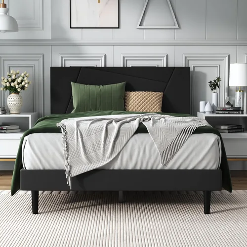 Vista 15 de IOILORI - Base de cama tamaño Full con cabecera tapizada en terciopelo de diseño geométrico, estructura robusta y listones de madera, silenciosa,